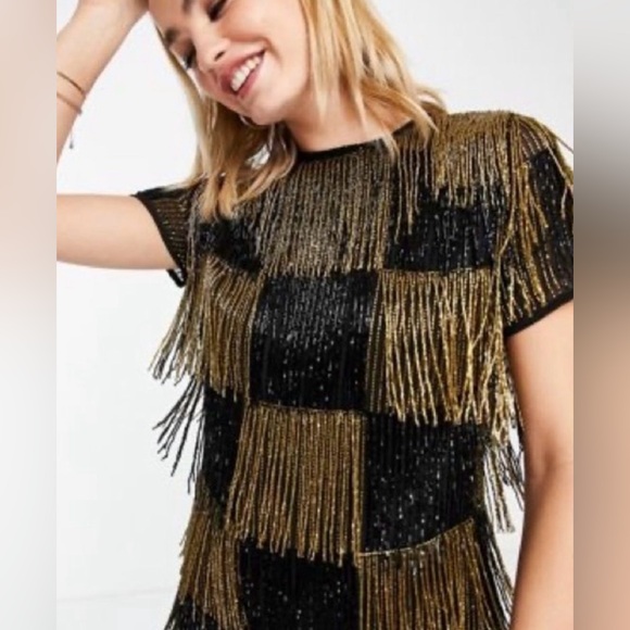 NWT ASOS design very heavy Black and Gold Fringe Dress size 12 - Picture 2 of 6